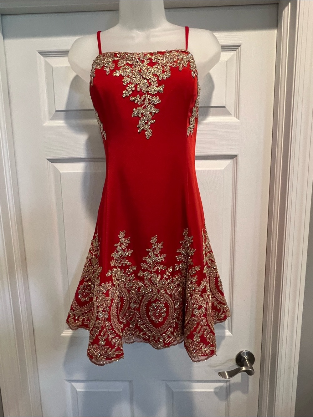 Mon Cheri SHORTS Red Dress with Gold Embellishment